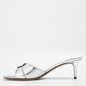 FENDI Fold 55 Metallic FF Logo Mule Sandals Slides Heels Shoes Silver